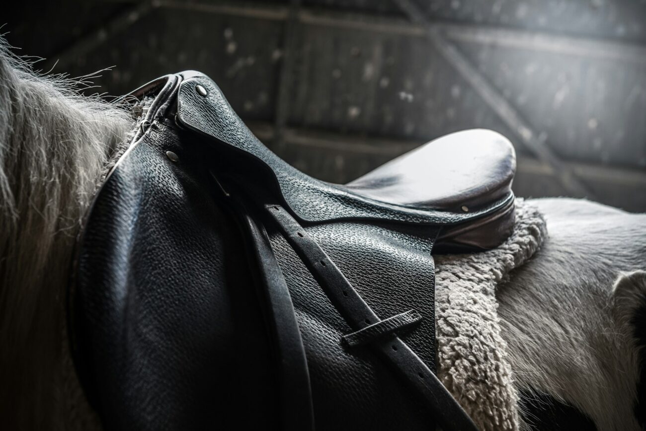A black English saddle with a sheepskin pad sits on a gray horse's back inside a barn